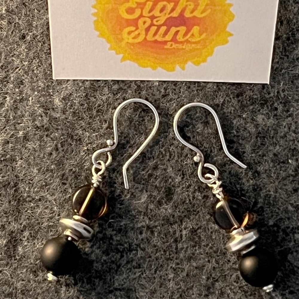 Smooth Smokey Quartz, Matte Onyx and Sterling Silver Earrings - Handmade